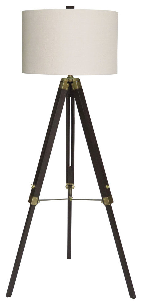 60" Structured Tripod Weathered Espresso Wood & Antique Brass Metal Floor Lamp