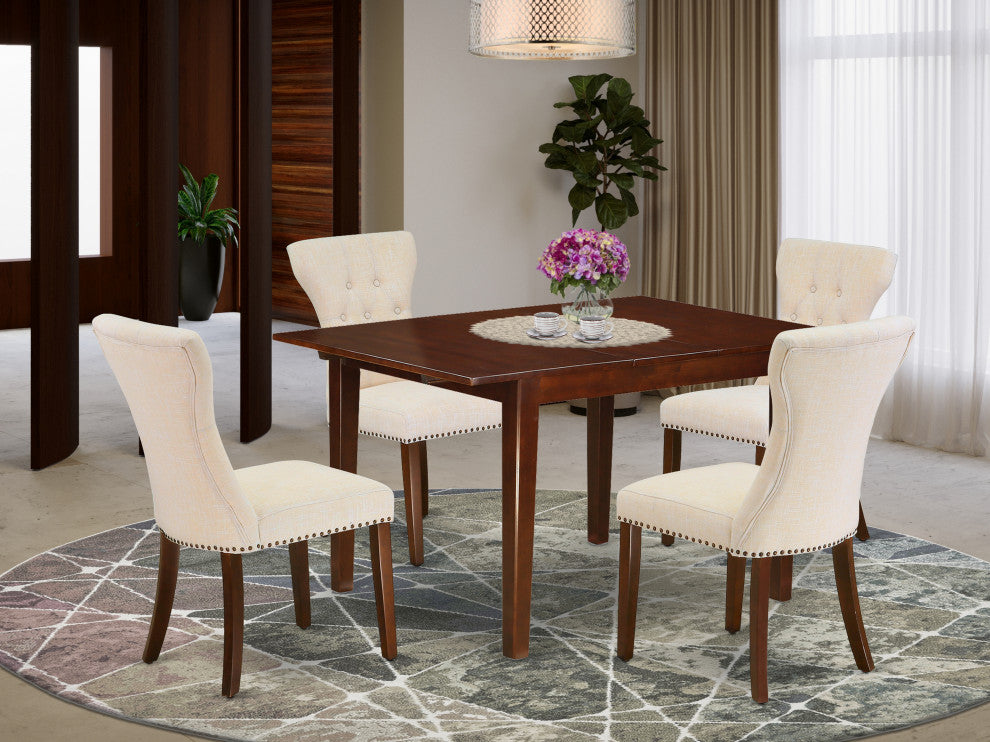 5Pc Dining Set - 4 Parson Chairs, Butterfly Leaf Table Hardwood, Mahogany Finish