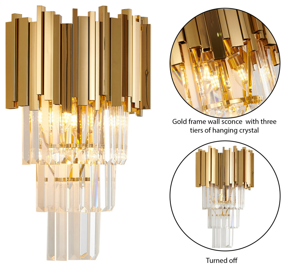 2-Tier Gold Rod Wall Sconce With Clear Crystals