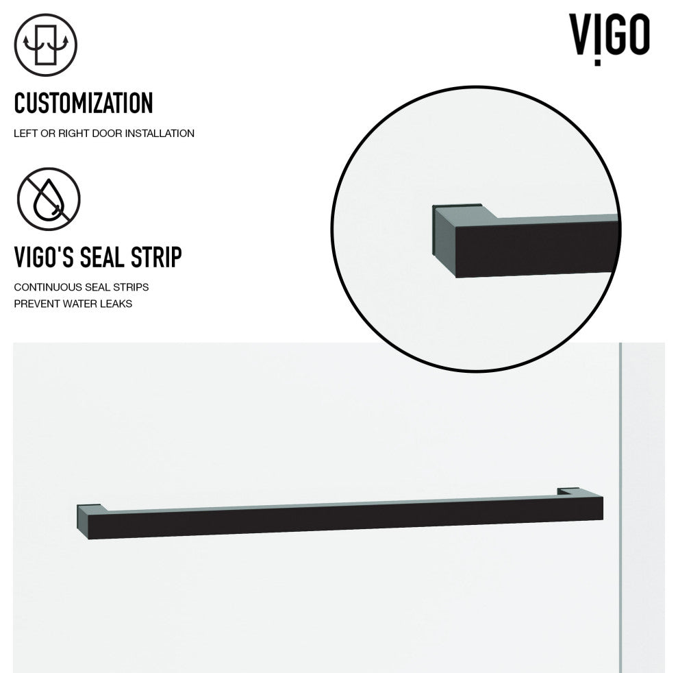 VIGO Houston Frameless Sliding, V-Motion, Matte Black, Shower Door, 56" to 60" W X 76" H, Clear Glass
