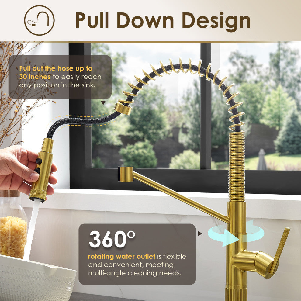 Nette Single-Handle Kitchen Faucet With Pull Down Sprayer, Brushed Gold