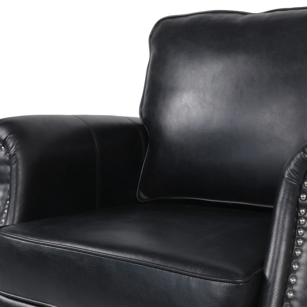 Burkehaven Contemporary Faux Leather Club Chair With Nailhead Trim, Midnight Black/Dark Brown
