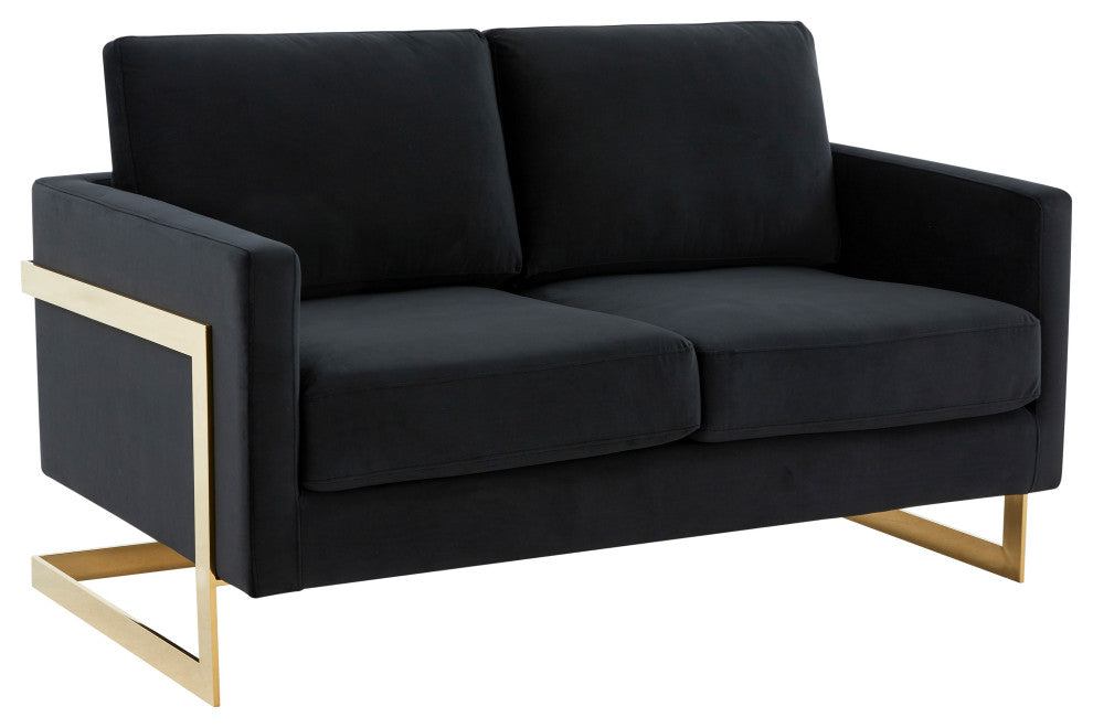 LeisureMod LA55BL Lincoln Midnight Black Mid-Century Velvet Loveseat Gold Frame