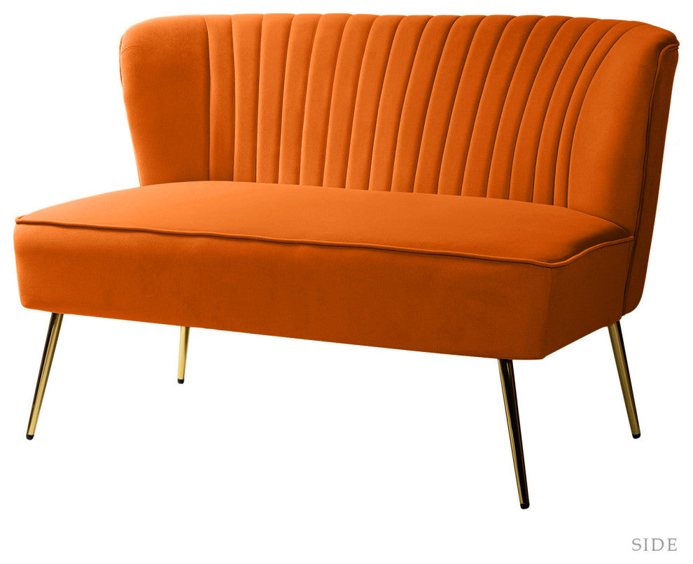 Velvet Tufted Loveseat Sofa With Golden Base, Orange