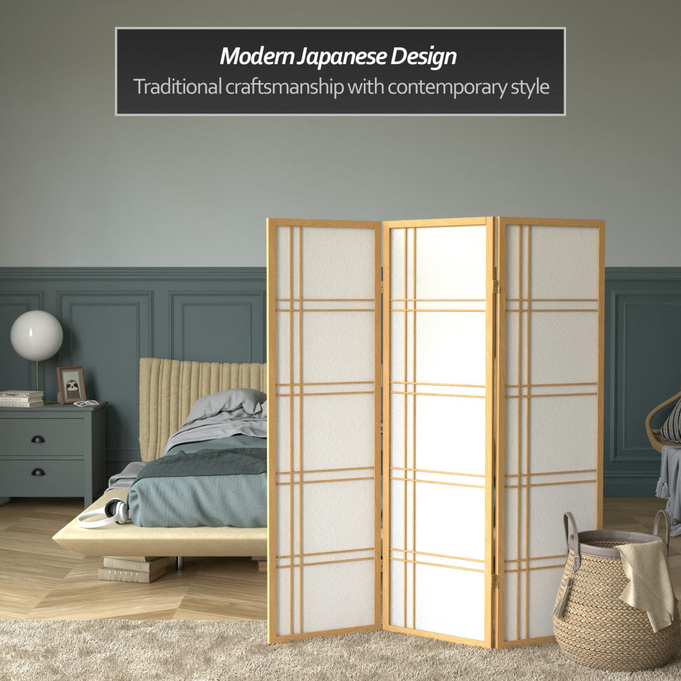 5' Tall Double Cross Shoji Screen, Natural, 3 Panels