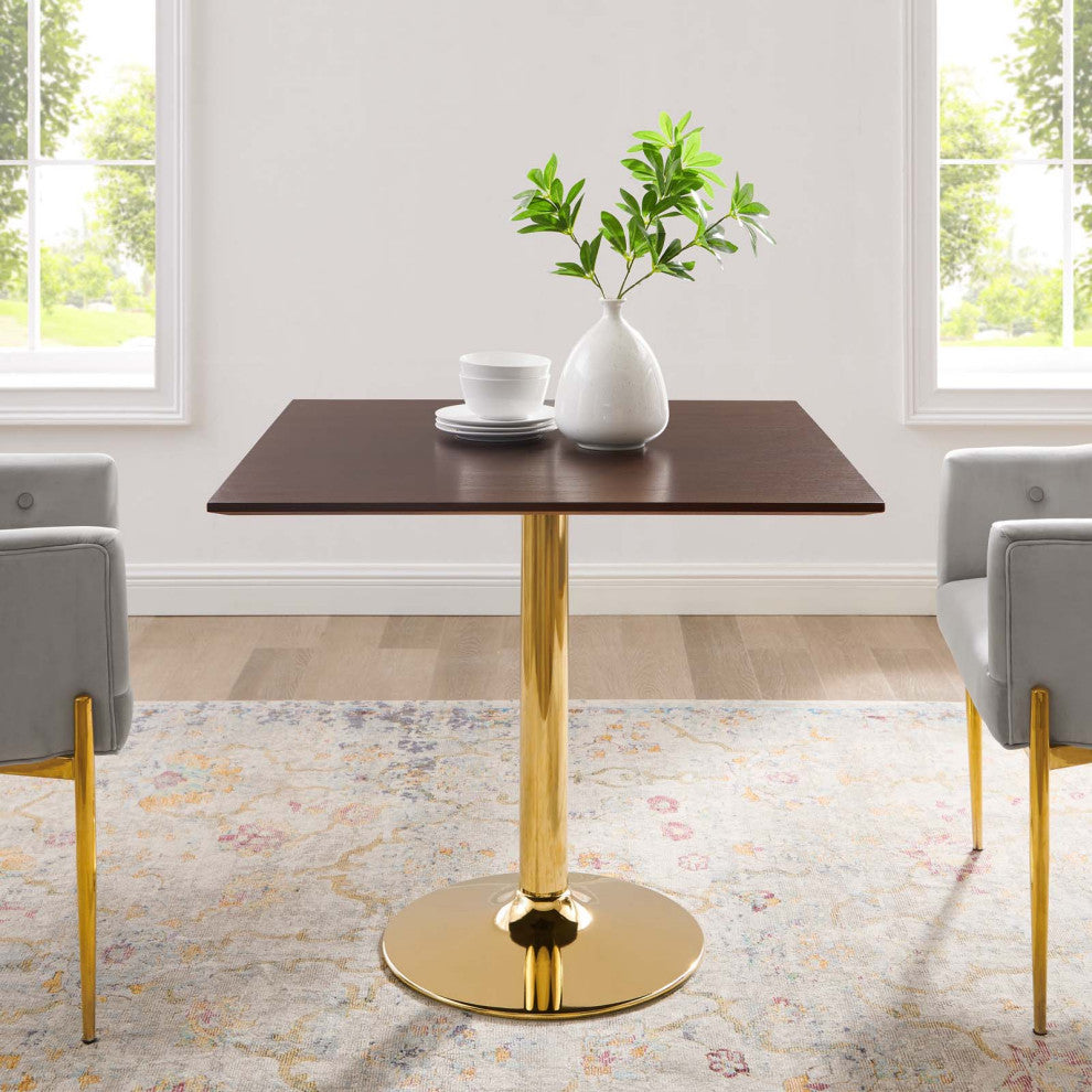 35" Dining Table, Square, Gold Walnut, Metal, Modern Bistro Hospitality