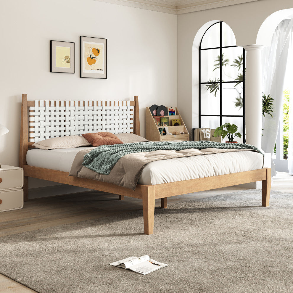 GDF Studio Queen Platform Bed With Woven White Leather Back & Natural Wood Frame