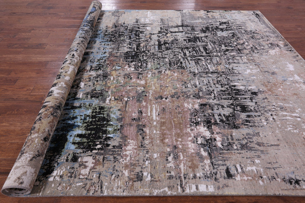 9' 1" X 12' 2" Wool and Silk Abstract Handmade Rug Q8548