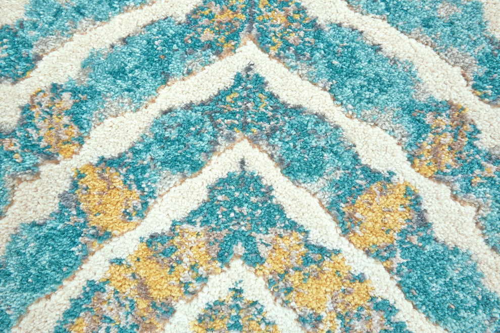 Weave & Wander Arsene Abstract Ikat Print Rug, Blue/Yellow, 8'9" Round