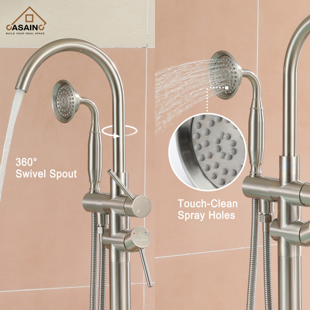 6 GPM Freestanding Bathtub Faucet with Hand Held Shower and Double Handle, Brushed Nickel