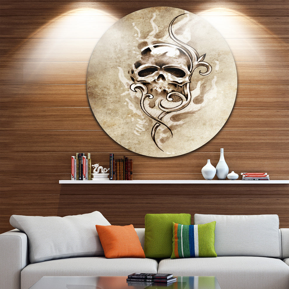Vintage Style Skull Devil Tattoo, Digital Art Disc Metal Wall Art, 23"