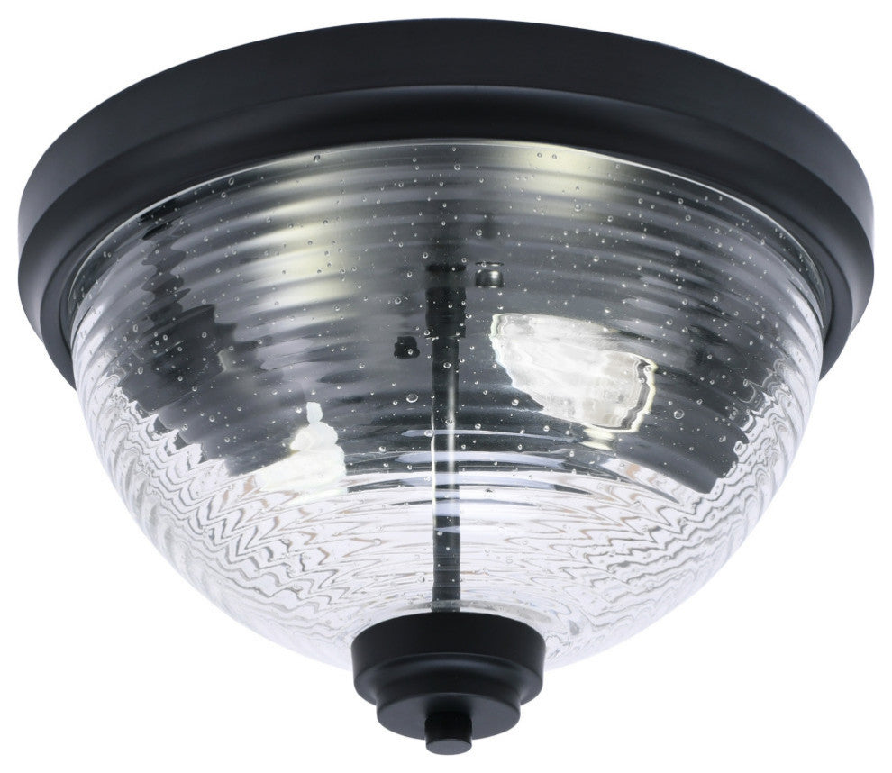 12" 2-Light Flush Mount Light, Matte Black, Clear Bubble Glass