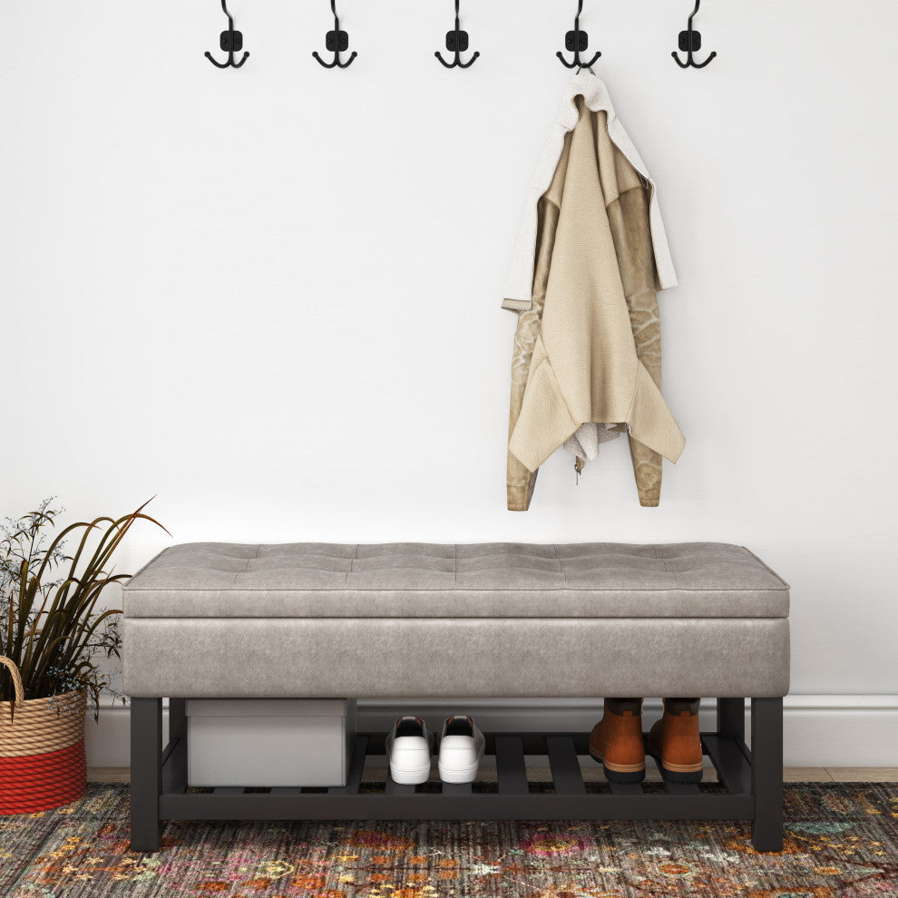 Cosmopolitan Storage Ottoman Bench With Open Bottom, Distressed Gray Taupe Faux Leather