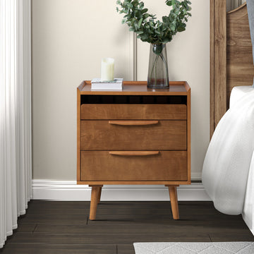 Mid-Century Modern 3-Drawer Nightstand With Charging Station, Acorn