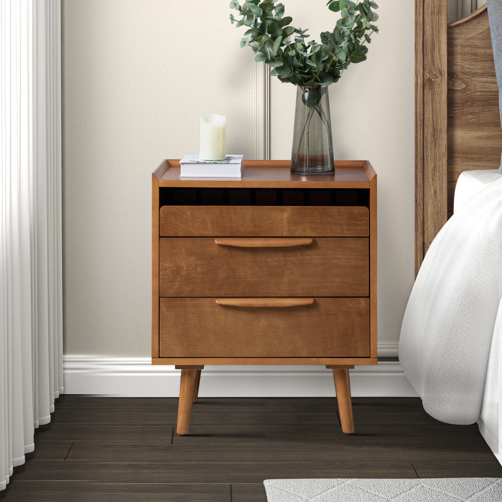 Mid-Century Modern 3-Drawer Nightstand With Charging Station, Acorn