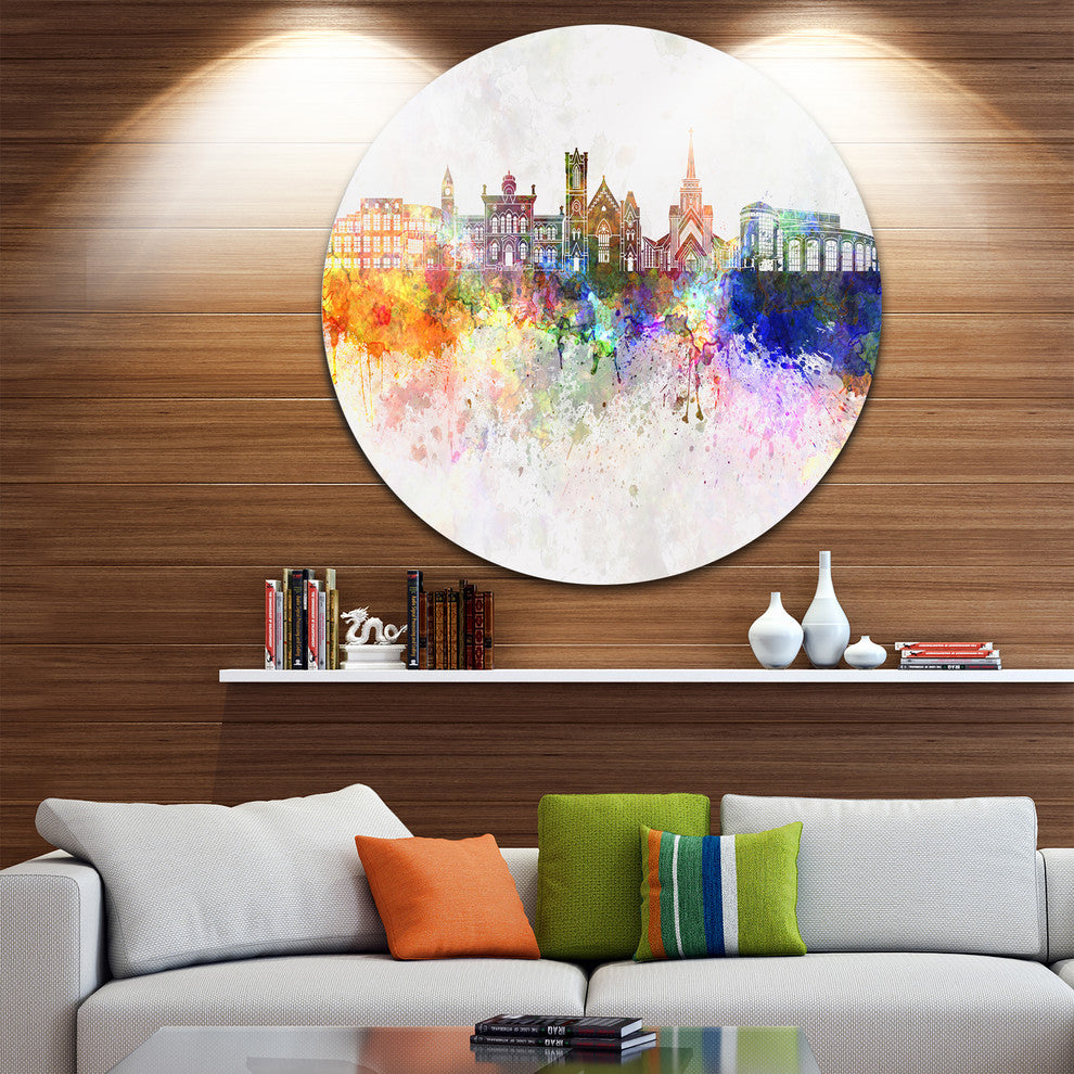 Colorful Brampton Skyline, Cityscape Painting Disc Metal Wall Art, 11"