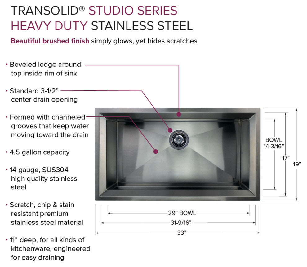 Transolid 14 Gauge Super Single Bowl Undermount Stainless Steel Kitchen Sink, Pvd Gun Metal