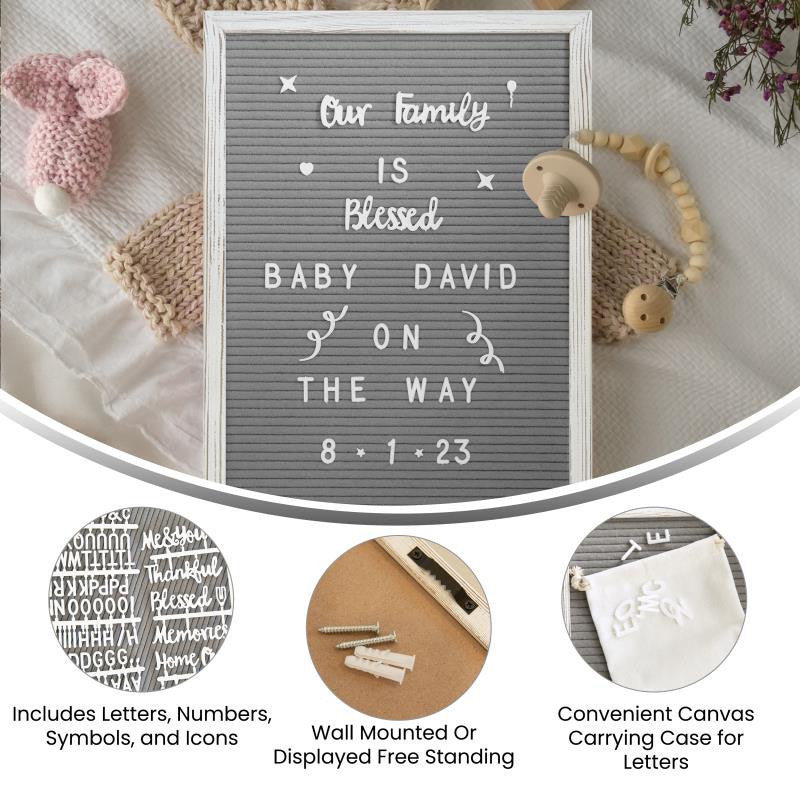 Gracie Felt Letter Board with Wooden Frame Set with Canvas Carrying Case, White Wash/Gray, 12x17