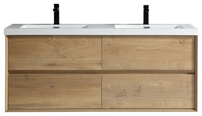 Ashley 60'' Floating Vanity, Acrylic Top, Double Sink, White Oak