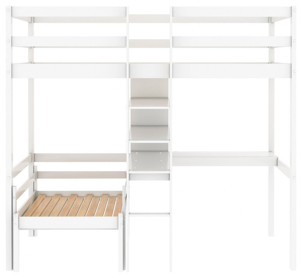 Gewnee Wood Convertible Twin Loft Bed with L-Shape Desk in White