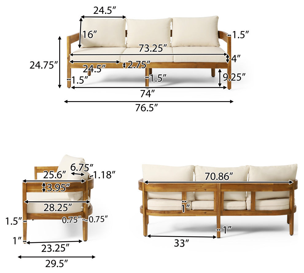 Brooklyn Outdoor Acacia Wood 3 Seater Sofa with Cushions, Teak and Beige