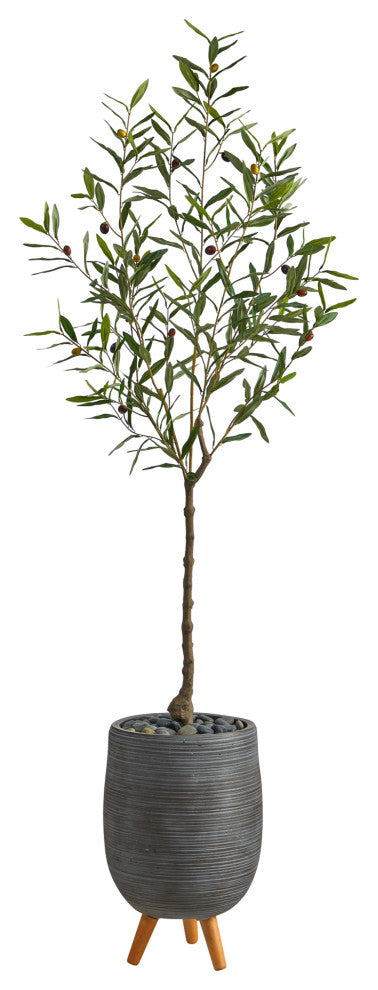 Nearly Natural 70" Olive Artificial Tree, Gray Planter With Stand