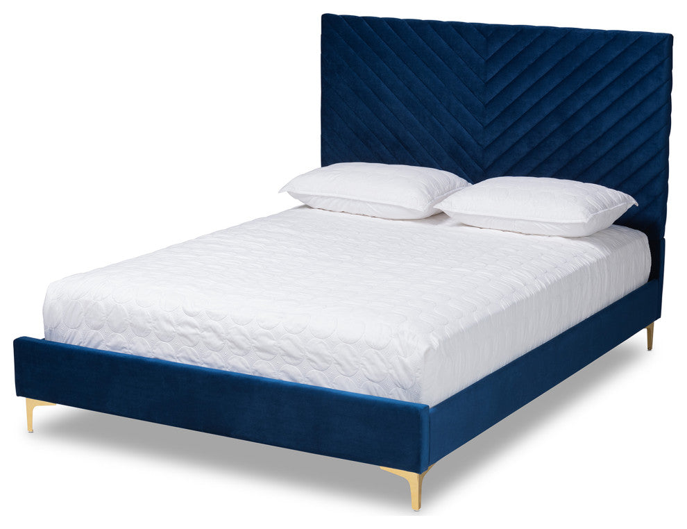 Sofi Glam and Luxe Velvet Upholstered Platform Bed, Navy Blue/Gold, King