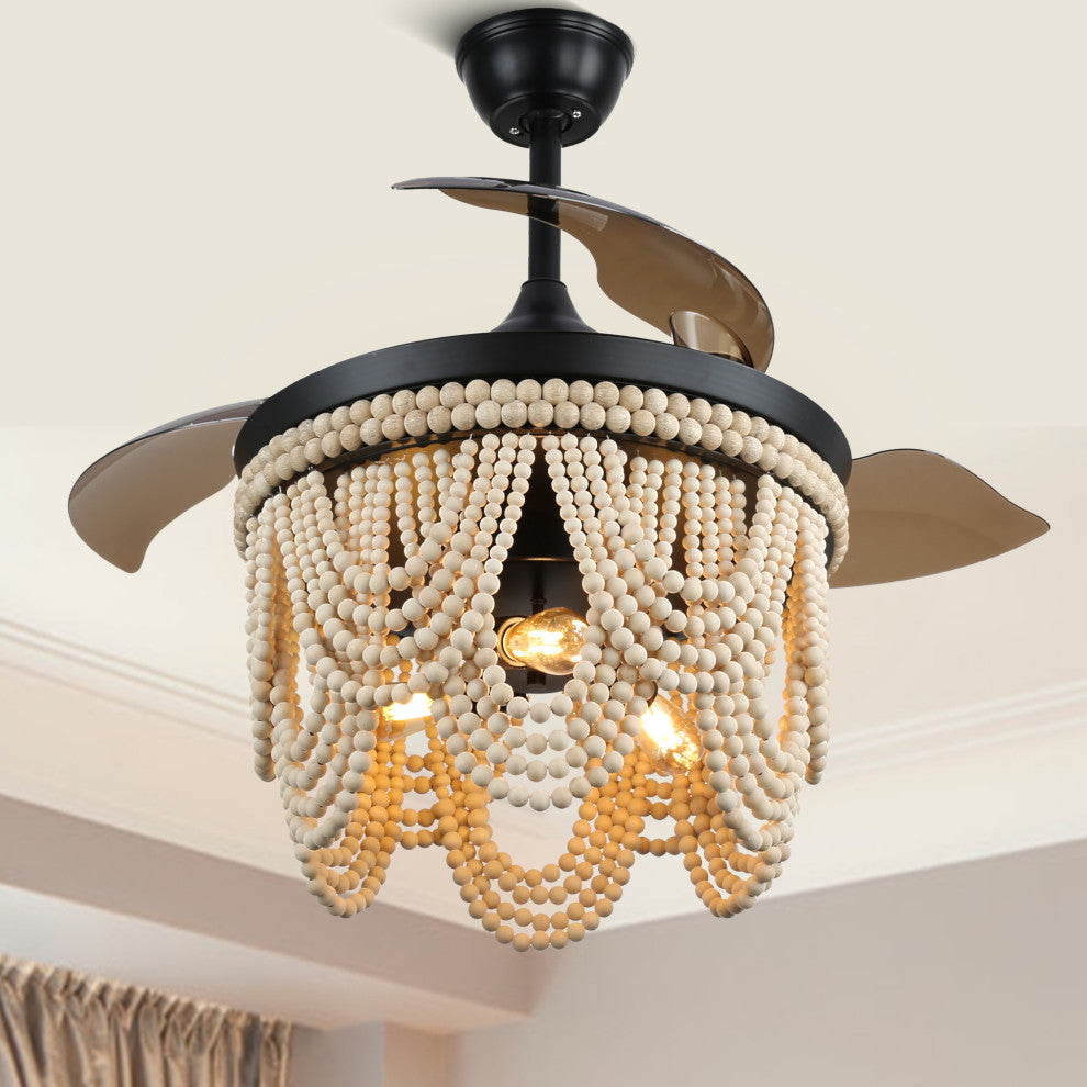 42" BoHo Ceiling Fanlight with Retractable Blades and Wooden Beads Accents, Black
