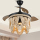 42" BoHo Ceiling Fanlight with Retractable Blades and Wooden Beads Accents, Black
