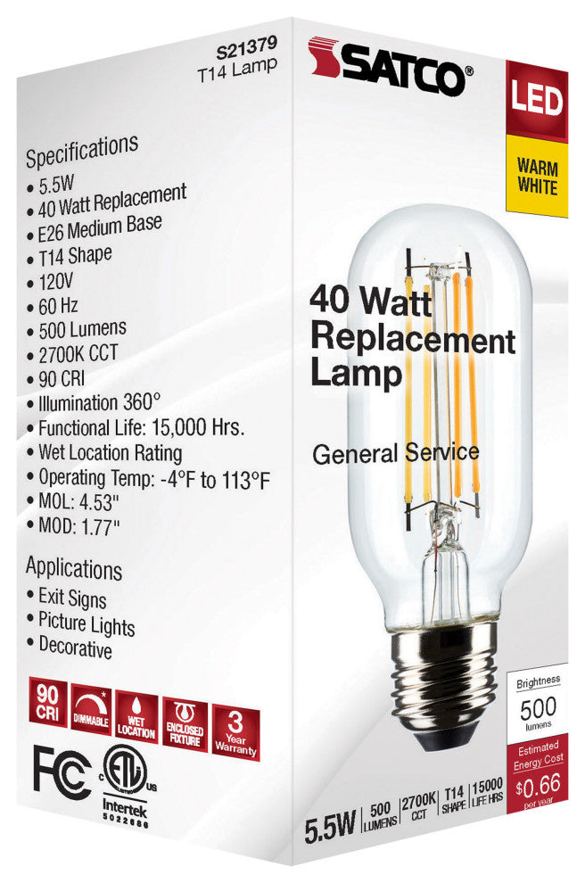 5.5W T14 LED, Clear, Medium Base, 2700K, 500 Lumens, 120V