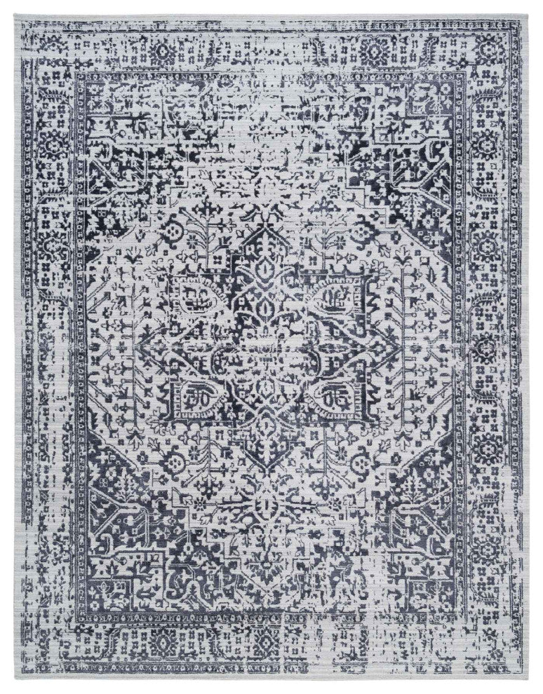 Black Erased Serapi Heriz Design Wool and Silk Hand Loomed Rug 9'0" x 11'10"