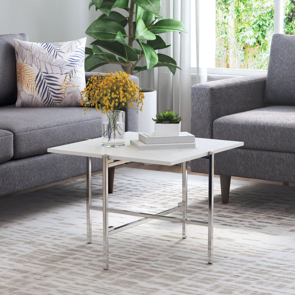 Sofa Side Table, Square, Artificial Marble, Steel Metal, White, Silver, Chrome