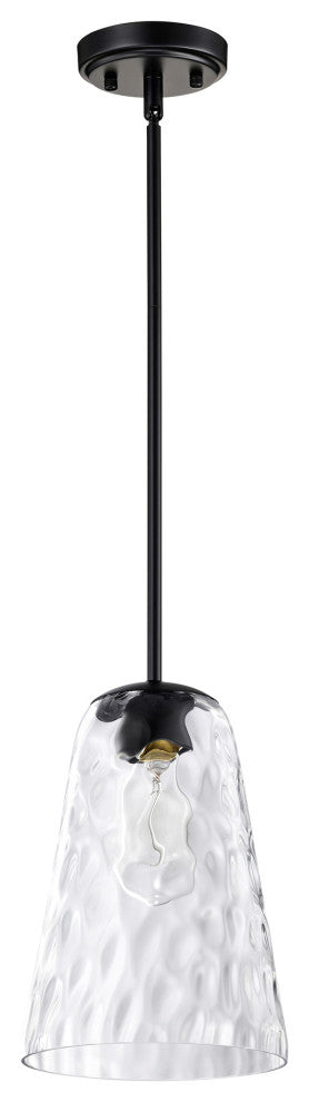 1-Light Matte Black 8 in. Mini Pendant With Hammered Glass Shade