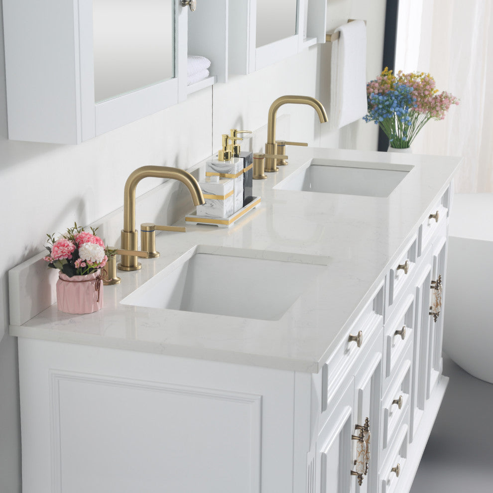 Solid Wood Bathroom Vanity with Quartz Top and cUPC Certified Sink, White, 72 Inch