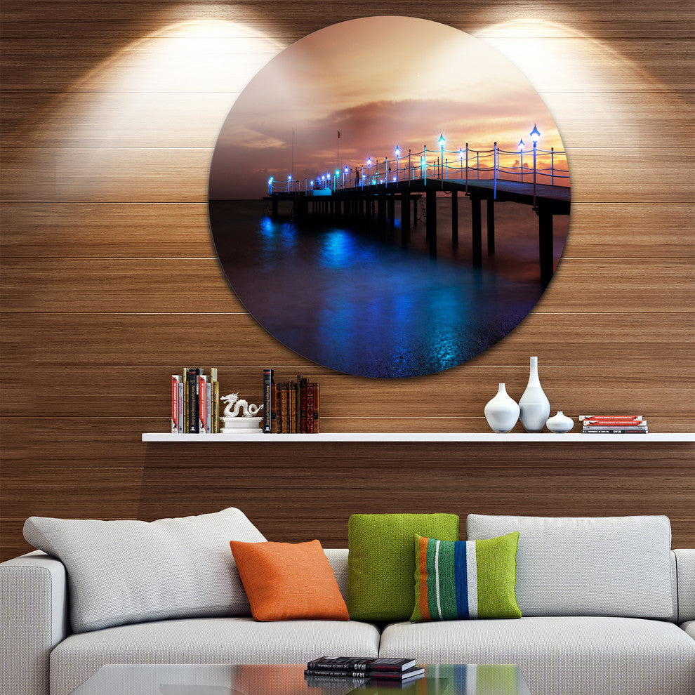 Blue Waters And Bridge At Sunset, Sea Bridge Round Wall Art, 11"