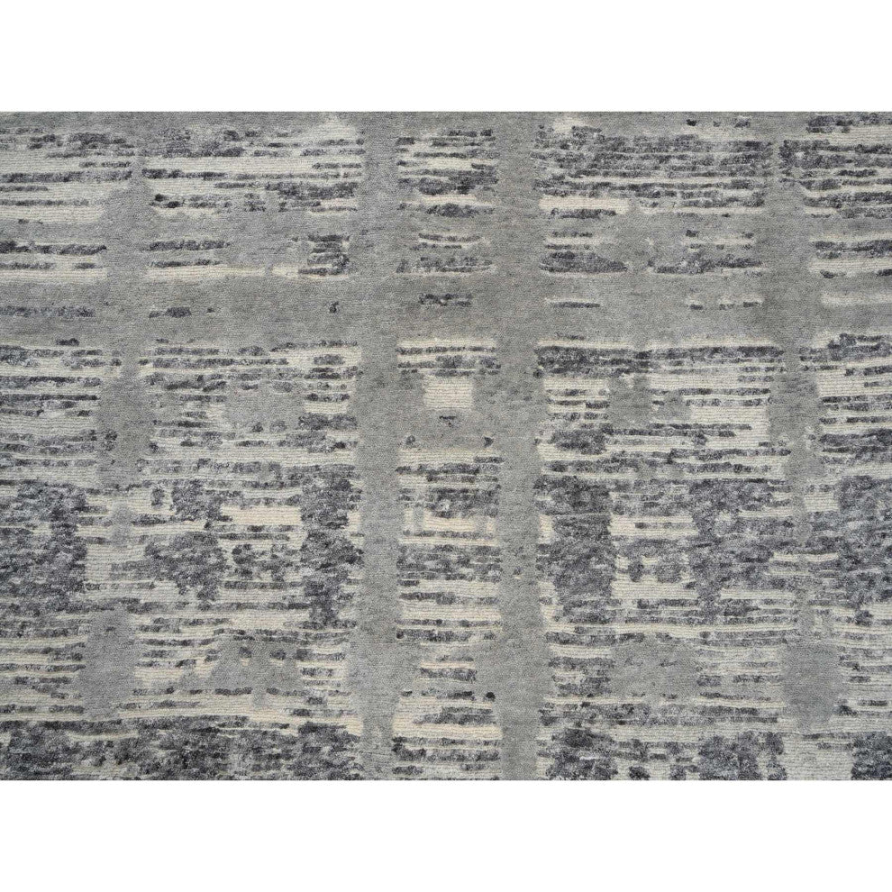 Gray Hand Spun Undyed Wool Modern Hand Knotted Wide Runner Rug, 4'1"x12'0"