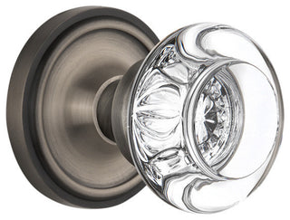 Classic Rosette Privacy Round Clear Crystal Glass Knob, Antique Pewter