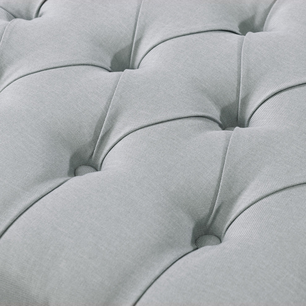 Paola Linen Button Tufted Silver Nailhead Trim X-Leg Ottoman, Light Gray