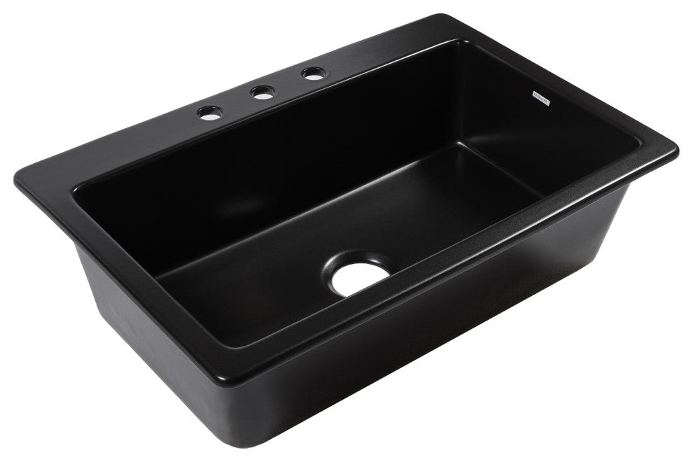 Jackson Matte Black Fireclay 33" Single Bowl Drop-In Kitchen Sink with 3 Holes