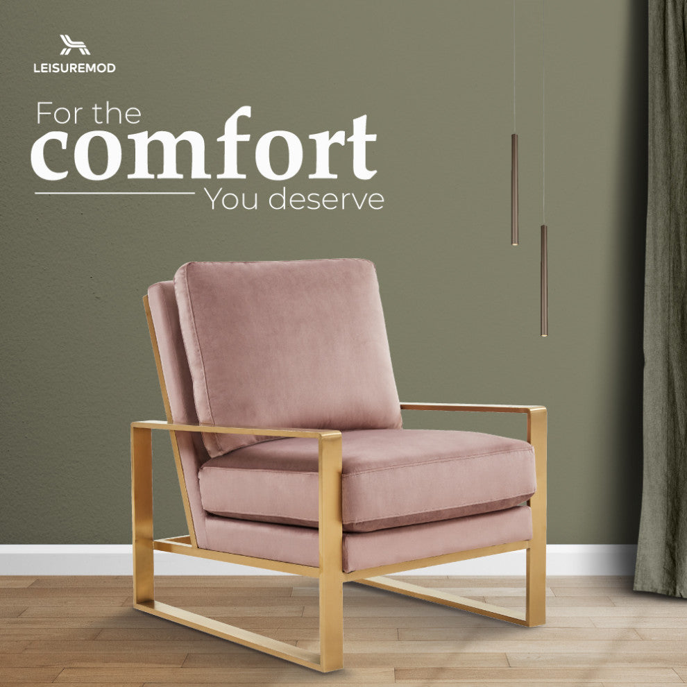 LeisureMod Jefferson Velvet Accent Armchair With Gold Frame, Pink