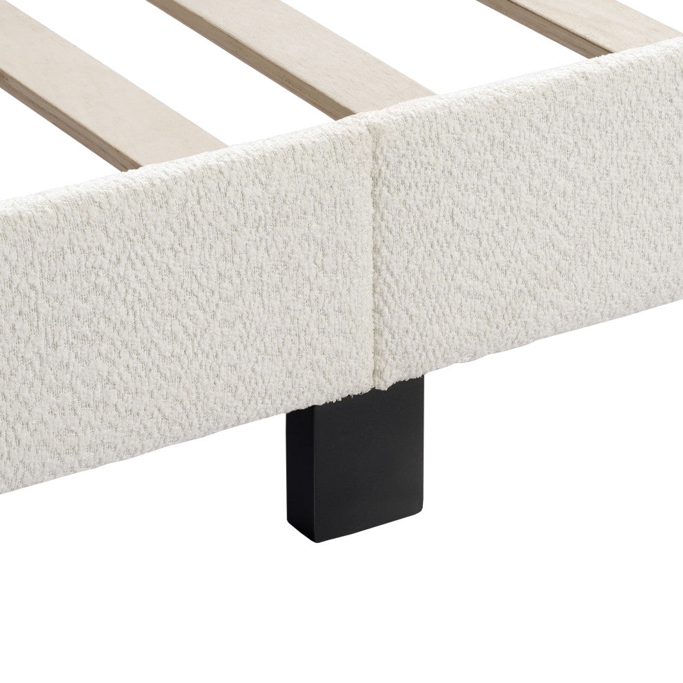 Miles White Boucle Upholstered Wood Frame Platform Bed, Queen, Naihead Trim