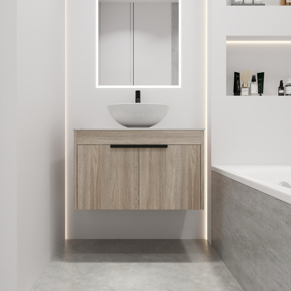 Wall-Mounted Bath Vanity, White Oak, White Ceramic Vessel Sink