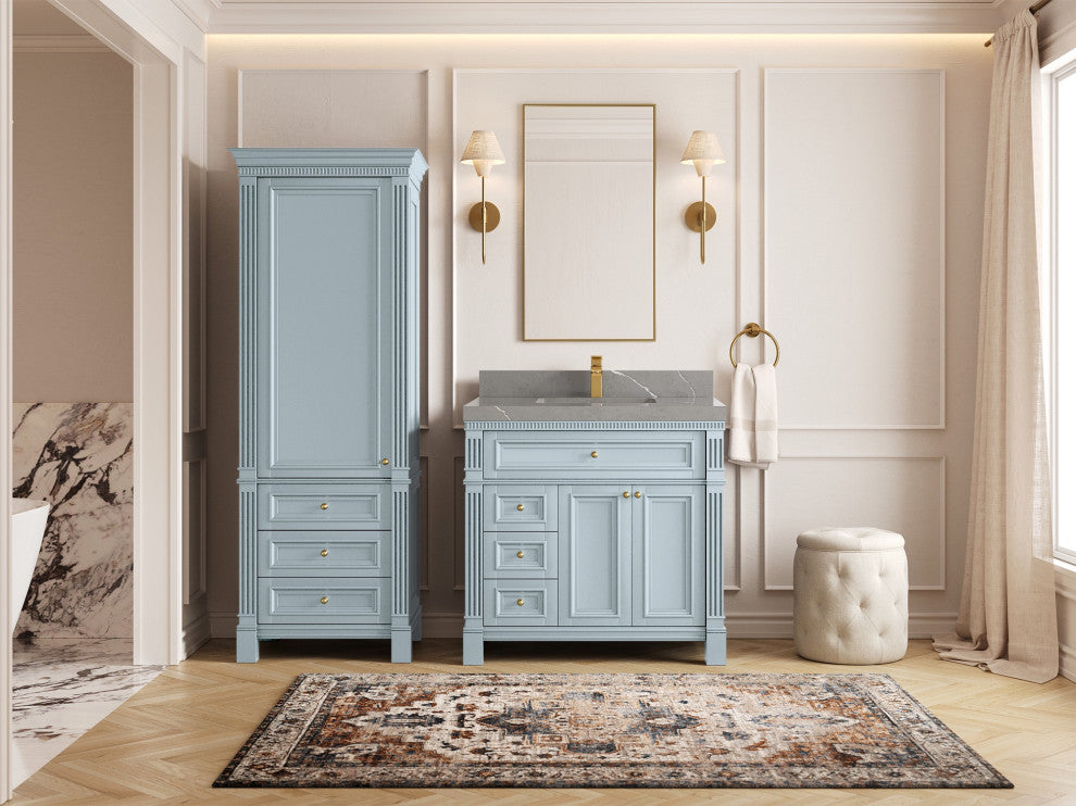 Paris 36" Center Sink Bathroom Vanity, Blue Heather 2" Piatra Gray