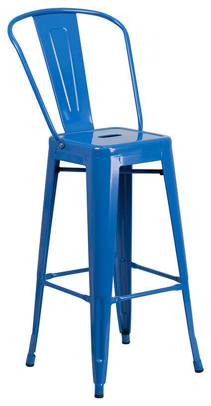 23.75" Square Blue Metal Indoor-Outdoor Bar Table Set with 2 Stools with Backs