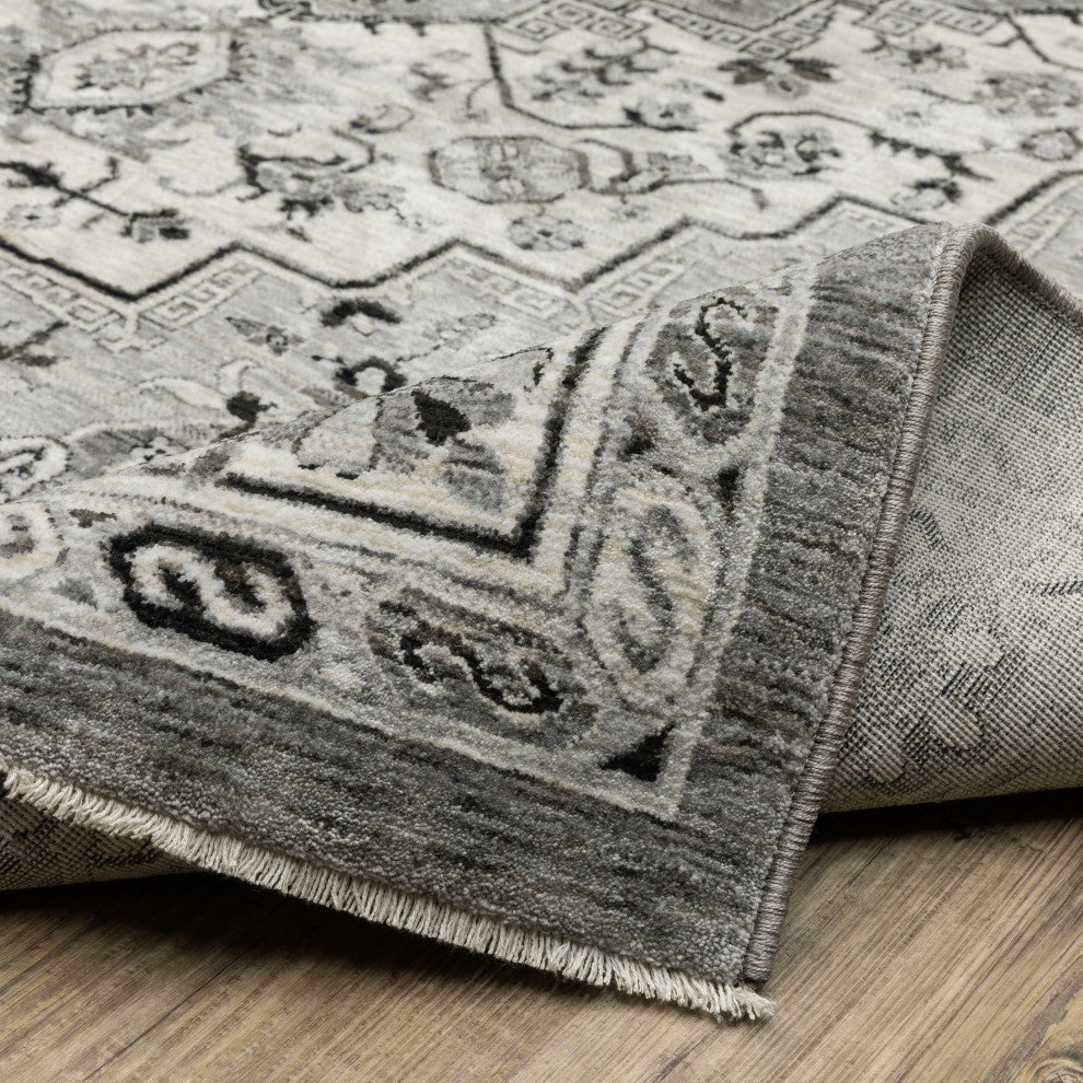 Callum Compass Medallion Grey/Ivory Fringe Edge Rug Runner