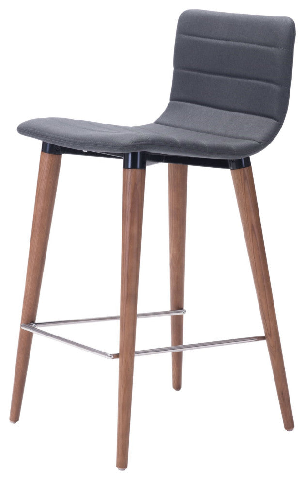 Counter Stool Chair, Set of 2, Fabric, Wood, Gray, Brown, Mid Century Cafe