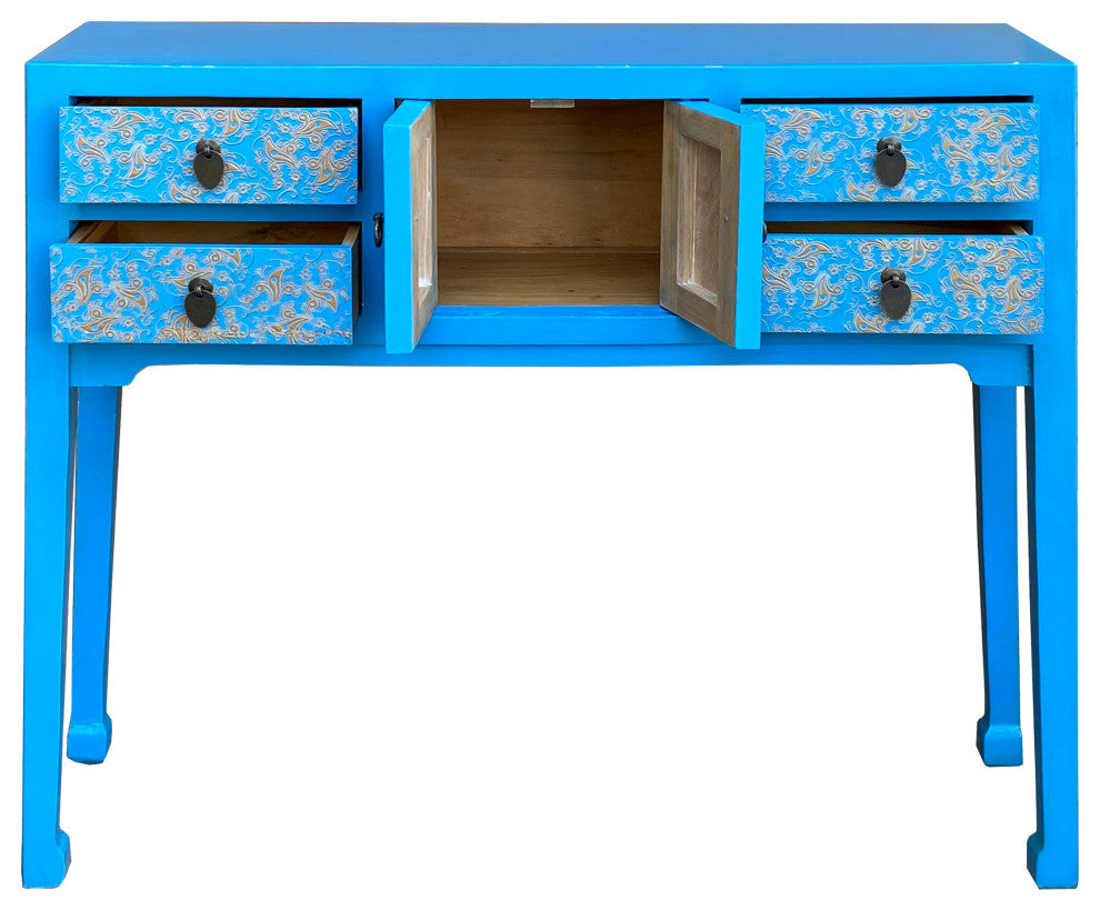 Bright Blue Lacquer Golden Flower Graphic Drawers Slim Foyer Side Table Hcs7146