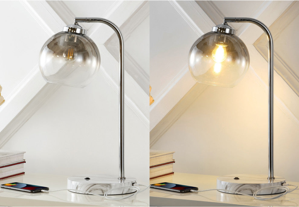 Ada 20" Iron/Glass LED Task Lamp With USB Charging Port, Chrome/Smoke Gray