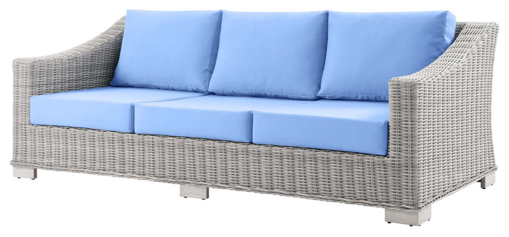 Lounge Sofa, Rattan, Wicker, Gray Blue, Modern, Outdoor Patio Cafe Bistro