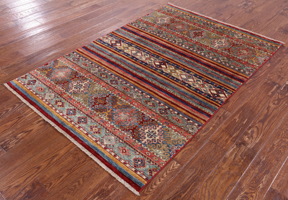4' 0" X 6' 1" Handmade Super Kazak Khorjin Wool Rug - Q12310
